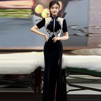 

Sexy Velvet Cheongsam Mermaid Chinese Evening Dress Split Cheongsams Velour Silk Party Dresses Qipao Embroidery Wedding Dress