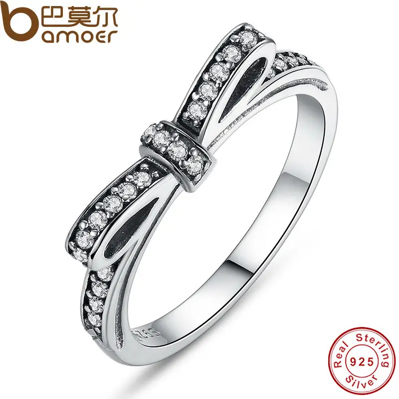 BAMOER 925 Sterling Silver Sparkling Bow Knot Stackable Ring Micro Pave CZ for Women Valentine’s Day Gift Jewelry PA7104