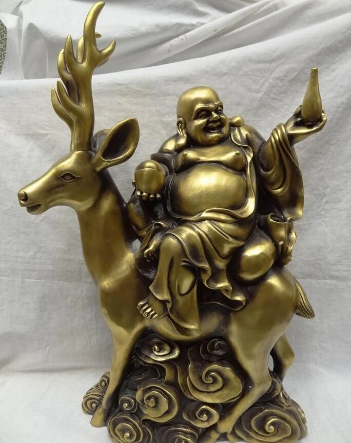 

S4961 22" China Bronze YuanBao Wealth Happy Laugh Maitreya Pot Buddha Statue Ride Deer D0318