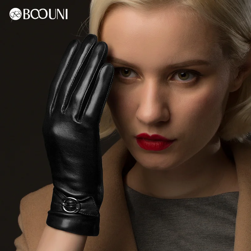 BOOUNI Genuine Leather Gloves Elegant Black Women Sheepskin Gloves Thermal Winter Velvet Lining Finger Driving Glove NW783