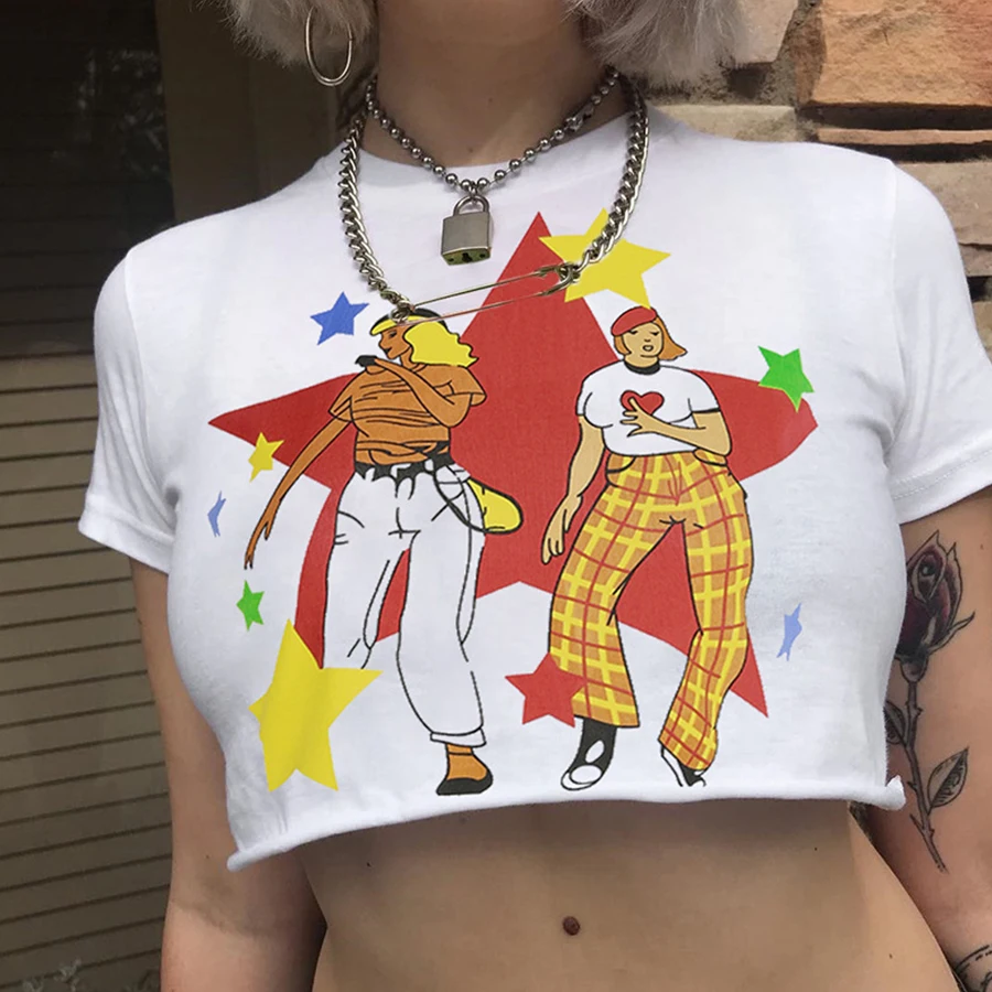 

2019 New Summer Fashion Cartoon Print T-Shirt Lady Round Neck Slim Casual Women'S Clothing Lumbar Loose Short Simple T-Shirt