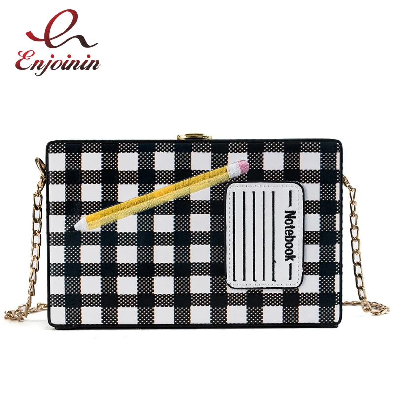 

Fun Notepad Design Box Style Embroidered Pencil Pu Leather Female Casual Clutch Chain Purse Shoulder Bag Mini Messenger Bag Flap