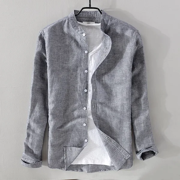 Новая стильная Льняная мужская рубашка с длинным рукавом, брендовая однотонная Хлопковая мужская рубашка, повседневная мужская рубашка со стоячим воротником, сорочка, Прямая поставка - Цвет: gray