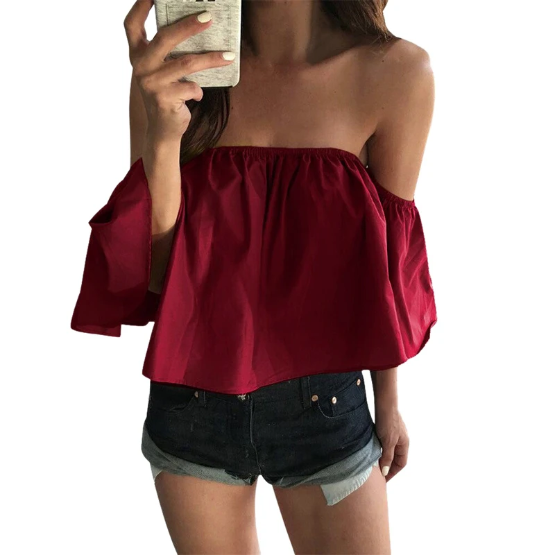 

Summer Top Women Blouses Crop Tops Boho Sexy Off Shoulder Tops Casual Short Sleeve Blouse Shirt camisas blusas feminina 2017