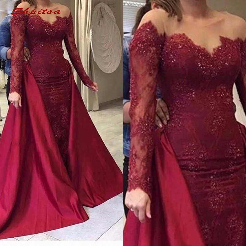 

Sexy Long Sleeve Lace Evening Dresses Party Detachable Satin Sequin Plus Size Ladies Women Formal Dresses Evening Gown