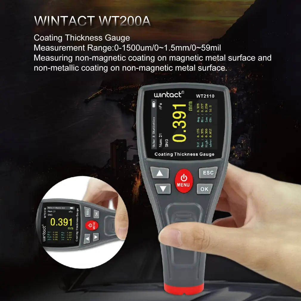 WINTACT WT2110 Мини цифровой покрытие плёнки гладить толщина датчик автомобиля метр