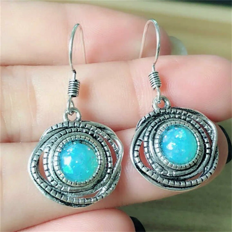 Turquoises Earrings Vintage Silver Jewelry Natural Stone Earrings Round Dangle Drop Earrings for Women C25