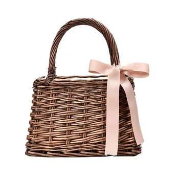 

NEW-New Summer Fashion Woman Spliced Bow Brown Color Double Handles Light Portable Straw Handbag