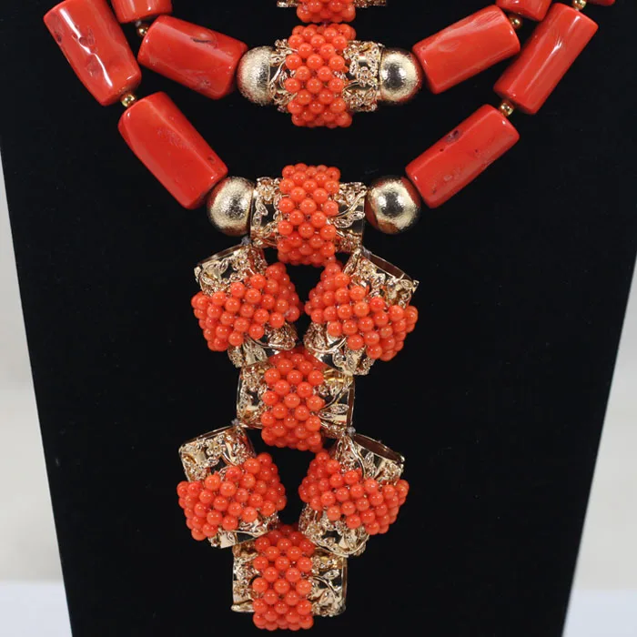 Нигерийские коралловые бусины комплект ювелирных изделий роскошные индийские свадебные Коралловое массивное Цепочки и ожерелья комплект свадебные женские украшения набор ShipingABH417