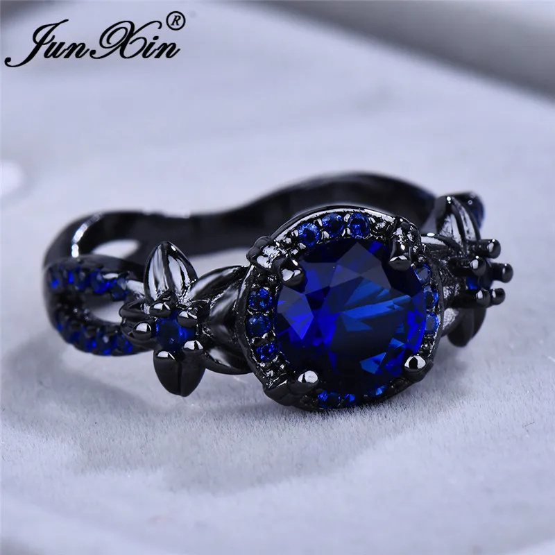 JUNXIN Boho Female Flower Star Rings For Women Black Gold Filled Royal Blue Red Pink Purple Zircon Stone Wedding Ring Jewelry