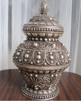 

Tibetan Nepal Bronze coated silver treasure bottle 8 lucky symbol pot bottle 23