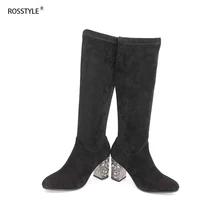 ROSSTYLE Elegant Mid-Calf Bling Solid color Heels Boots British Style Woman Casual Shoes Female Suede Basic Boots Size 36-40 H5 mljuese 2019 women mid calf boots kid suede gray color high heels letter autumn spring women martin boots casual boots size 40