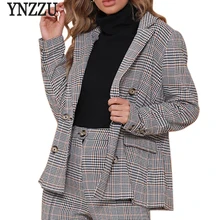 YNZZU Англия Стиль мода плед пиджак Для женщин осень элегантный длинный рукав ПР блейзеры пальто Для женщин блейзер feminino YO643