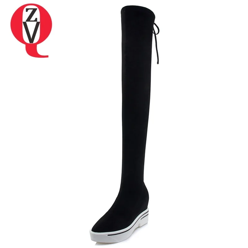 

ZVQ 2018 new popular concise faux suede women shoes super high wedges platform lace-up round toe black winter over knee boots