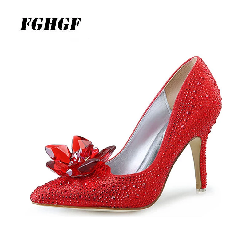 

Wedding shoe diamond crystal shoe heel pointed red bride shoes black fashion bridesmaid silver single shoe heels champagne 34-43