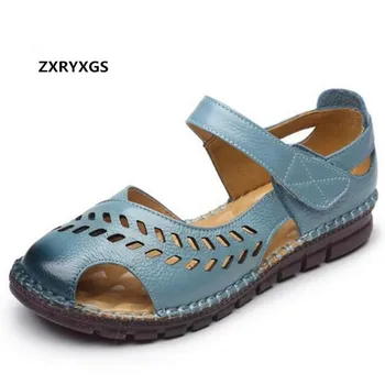 

ZXRYXGS Brand Sandals Flat Non-slip Soft Comfortable Summer Women Sandals 2019 New Hollow Real Leather Shoes Casual Sandals shoe