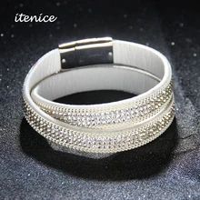 Itenice Brand 2017 New Fashion Fine Jewelry Trendy Long Leather Bracelets & bangles Metal Buckle Crystal For Women