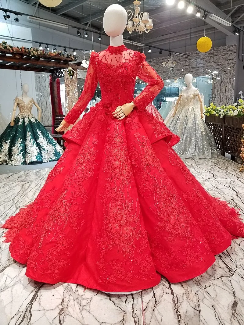2018 красный кружево Высокая вырез, свадебные платья собор поезд кружево до бальное платье принцессы Иллюзия Свадебные платья Vestido De Noiva