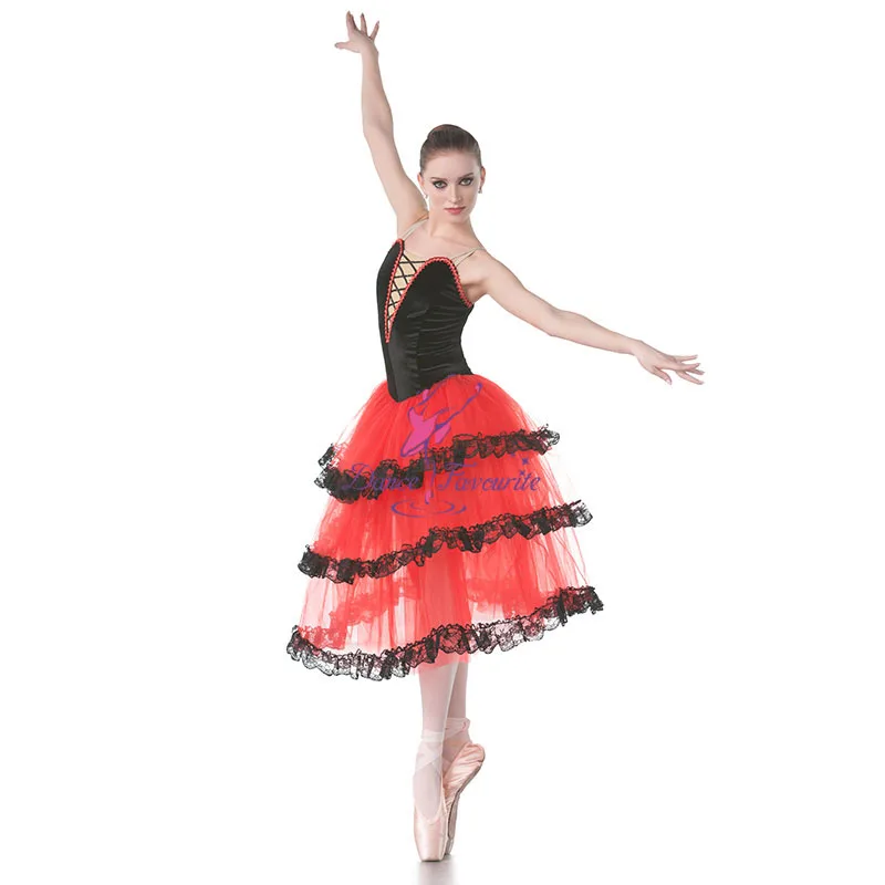 Танцы любимый красный испанский длинные балетная юбка из черного бархата с О-образным топ с корсетом; костюм для балета, танцев юбки-пачки для девочек, танцевальные костюмы балерины