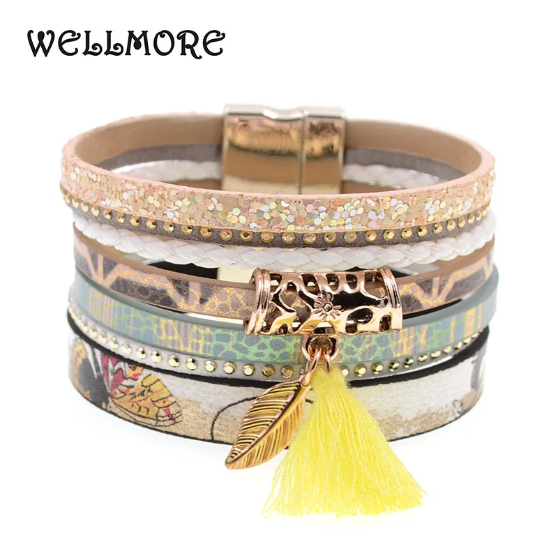 WELLMORE кожаный браслет желтые цветы женский очаровательный браслет с магнитной пряжкой браслет дружбы богемные браслеты и браслеты