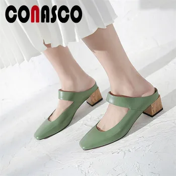 

CONASCO Summer New Fashion Vintage Solid Genuine Leather Women Pumps Slip On Mary Janes Single Shoes Woman Party Office Shoes