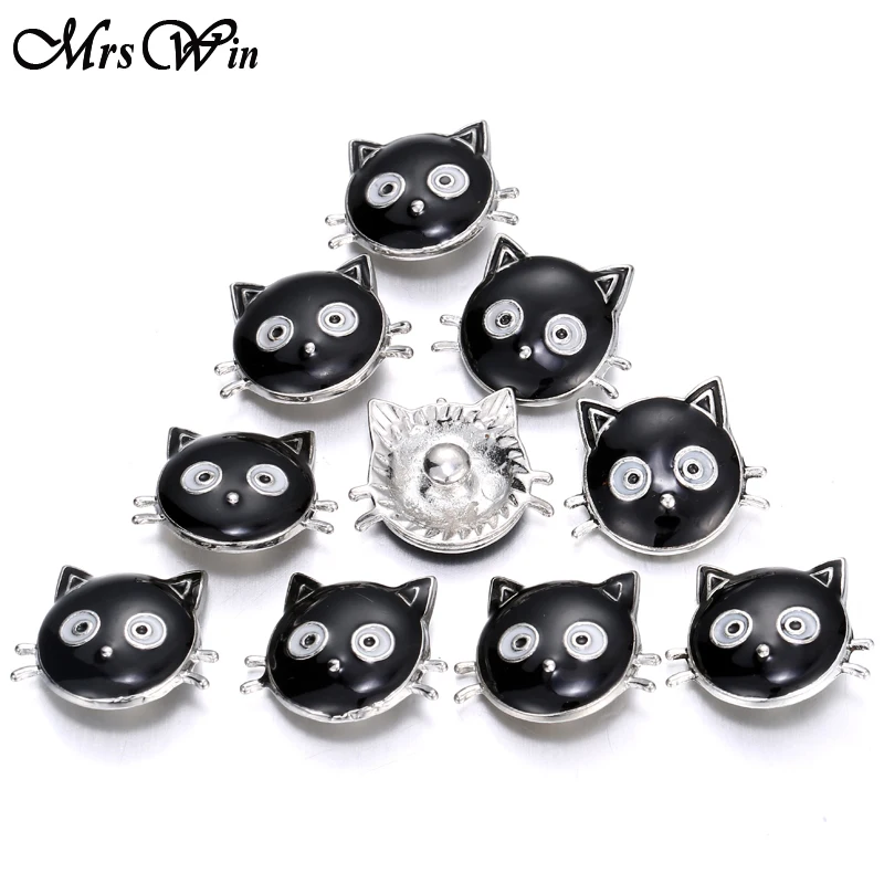 

6pcs/lot Mrs Win Snap Jewelry 18MM Round Black Drip Cat Metal buttons oil painting snap for snap Bracelet Jewelry