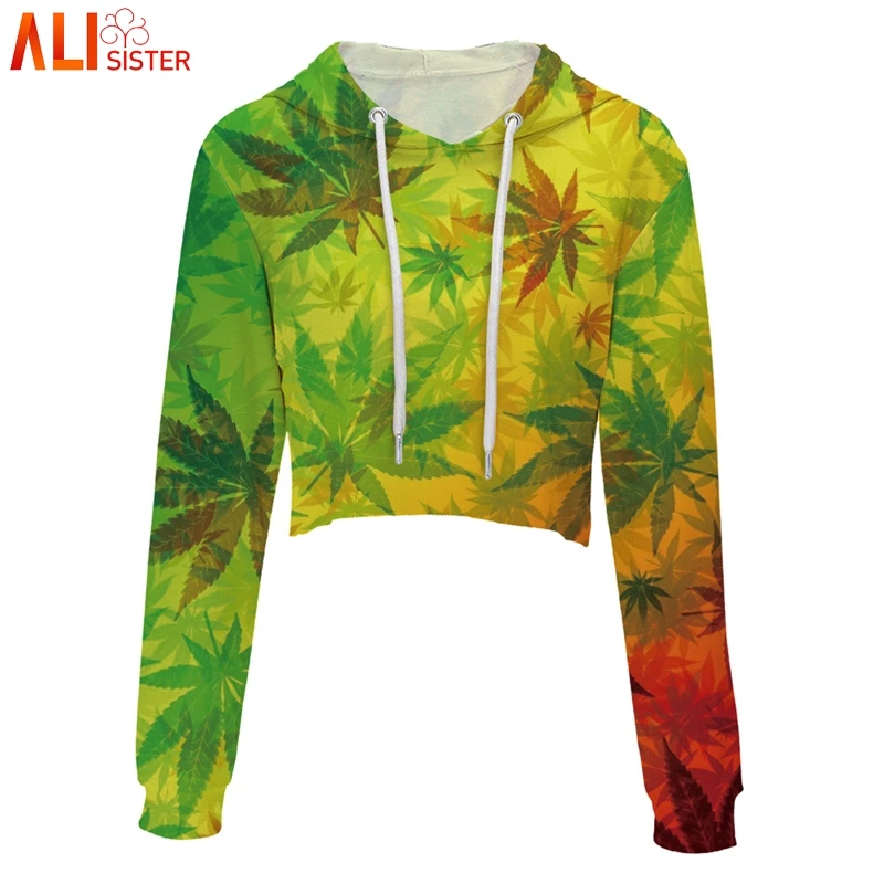  Alisister Women Crop Hoodies Sweatshirt Weed Leaf Skull Print Short Hooded Pullover Summer Autumn H