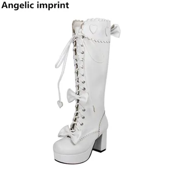 

Angelic imprint mori girl Women motorcycle boots lady high heels lolita shoes woman princess dress pumps bowtie 8cm white 33-47