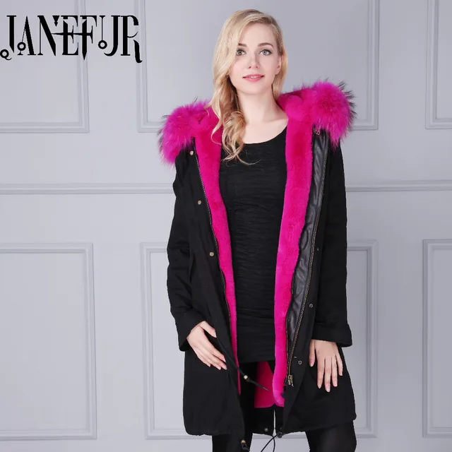 Cheap 2017 Fashion women's black shell Large raccoon fur collar hooded long coat parkas outwear fake fur lining winter jacket