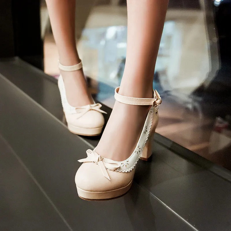 Spring & Summer Women Shoes Bowtie Med Heels Thick Heel Mary Janes Lolita Shoes Size 34-43