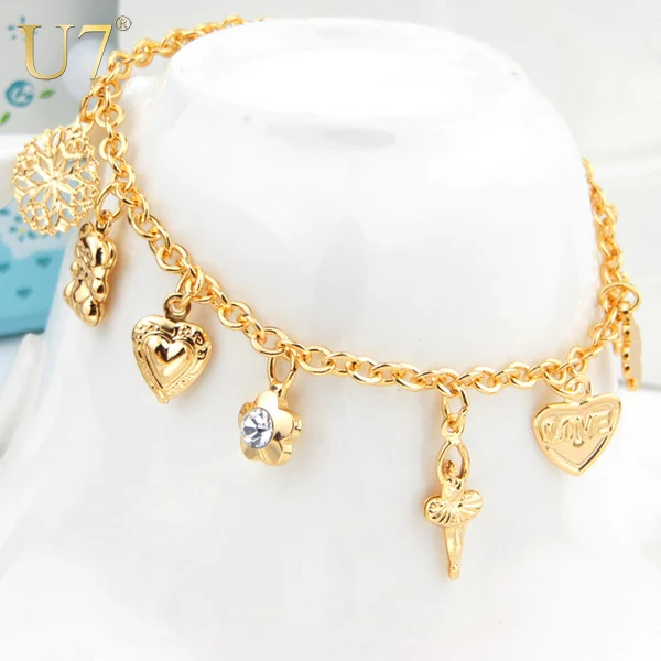 Longway Heart Beetle Charm Bracelets Bangles For Women Gold Color U7 Heart Cross Charm Bracelets For Women Gift Fashion Jewelry Trendy Gold Color Rhinestone Link Chain