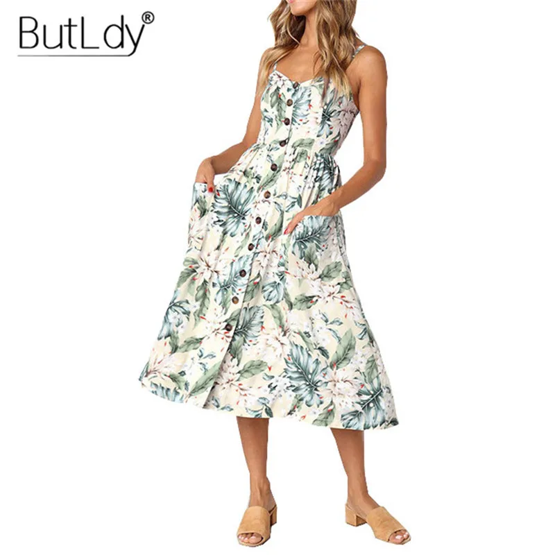 

Print Floral Long Boho Bohemian Beach Summer Dress Women 2019 Sundress Sexy V-Neck Sleeveless Strap Maxi Vintage Dress for Women