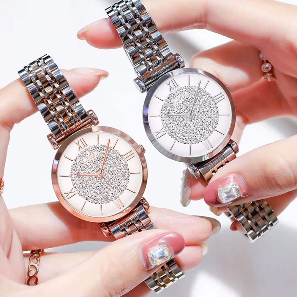 

Women Dress Bracelet Watches Minimalist Style Rhinestone Diamond Ladies Quartz Clock Casual Steel Belt Waterproof Wristwatch Top