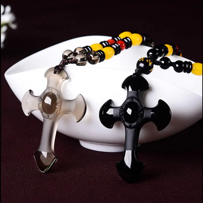 

FREE SHIPPING>> Natural Matte Black Obsidian cross buckle Necklace Pendant 5.27