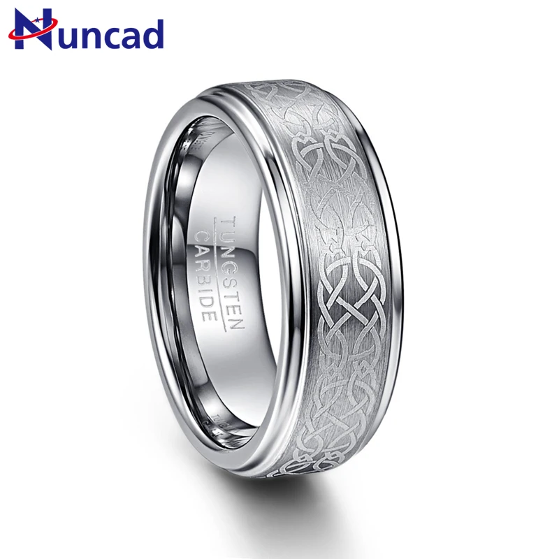 

Nuncad Men's 8mm Laser Celtic Knot Brushed Tungsten Carbide Wedding Band Rings Polished Step Edge Size 7-12