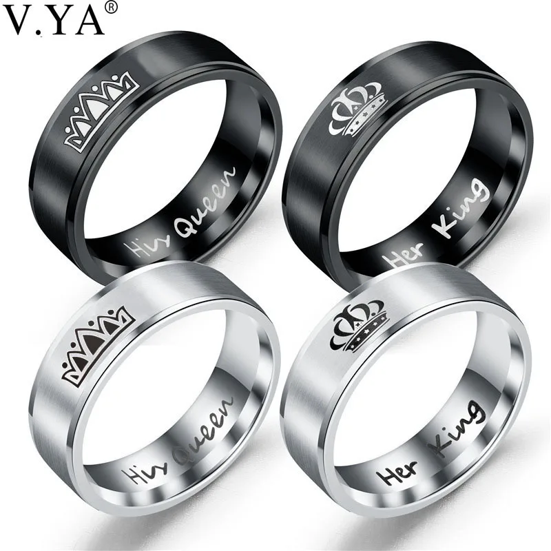 

V.YA Romantic Jewelry Her King His Queen Couples Crown Rings Fashion Retro 316L Titanium Steel Wedding Rings for Women Men Charm