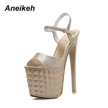 

Aneikeh 2019 Sequined Cloth Women's Sandals Thin High Heels Peep Toe Cover Heel Party Dress Office Platform party Lady 35-40