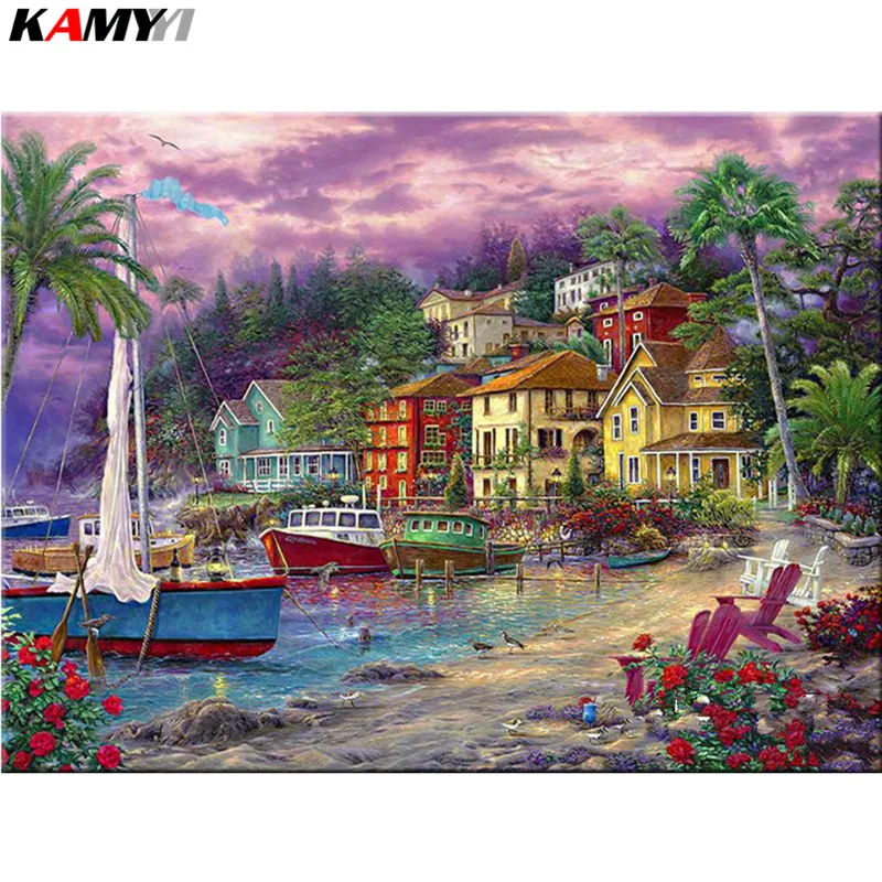 

DIY Diamond Painting Cross Stitch seaside house sailing 5D Full Mosaic Diamond Embroidery Rhinestones Home Decor XY1