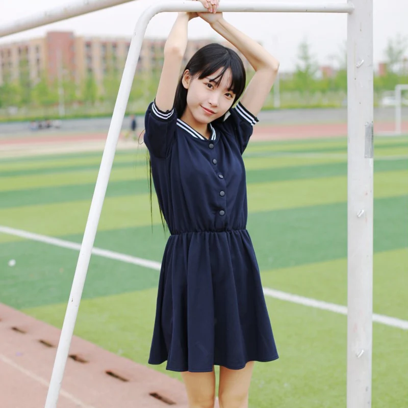 

Summer Navy Blue Teen Girls School Uniform Dress With Whorl S-XL