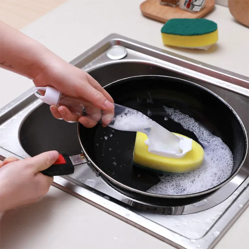 

Dish Washing Tool Cleaning Sponge Brush Soap Dispenser Handle Refillable Kitchen Tool