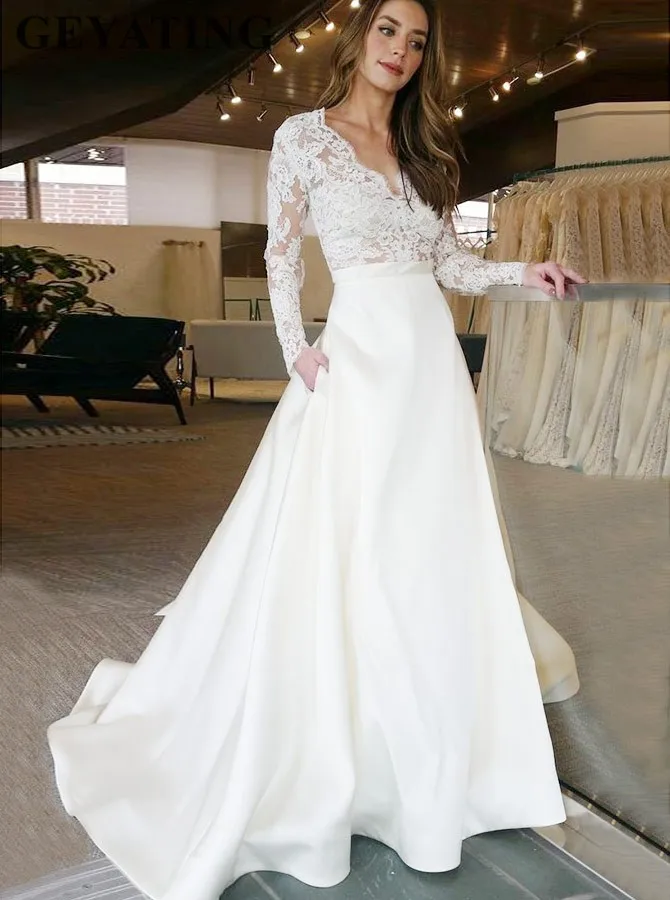 White Lace Long Sleeves Satin Wedding Dress with Pocket