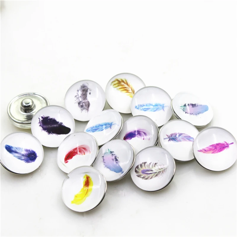 

2018 New Arrive 20pcs/lot Mix Glass Feather Snap Buttons Diy 18mm Snap Button Jewelry Fit Bracelet Snaps Jewelry Charms