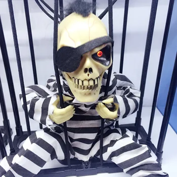 

Halloween Tricky Props Toy Skeleton Skull Head Utter Ghosts Cage Toy Funny Party Electric Light Induction Toys Scary Doll Gift