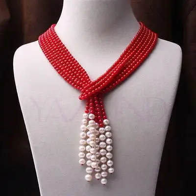 

FREE SHIPPINGnew design triple strands natural 8-9mm red coral necklace white pearl