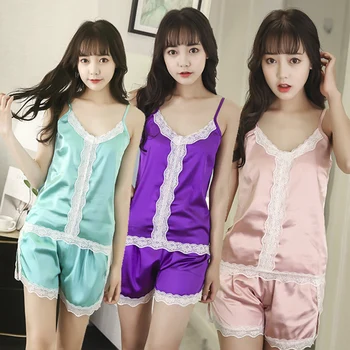 

Sexy Lingerie Silk Satin Lace Spaghetti Strap Pajama Sets for Women Summer Shorts Sleepwear Pyjama Homewear Pijama Mujer Clothes