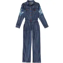 Джинсовый женский комбинезон с высокой талией и вышивкой, комбинезоны, джинсовые комбинезоны с отложным воротником