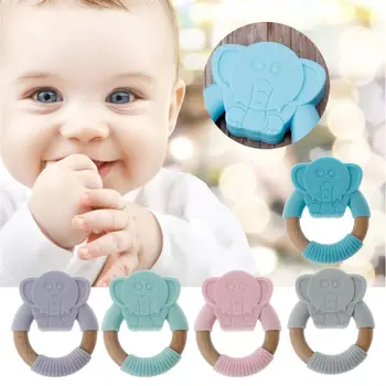 

Elephant Baby Silicone Teether Safe Toddle Organic Wood Chew Toys Teething Ring Gift For Infant Baby Chewing