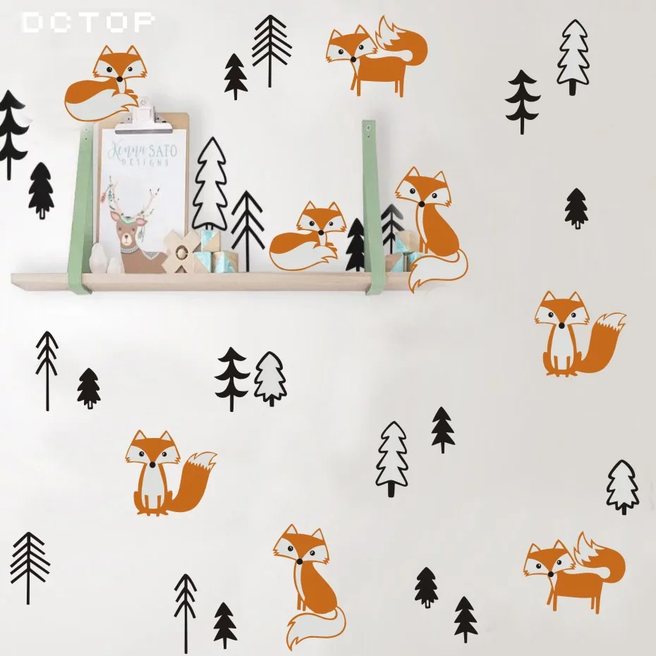 Милые лисы наклейки на стену лесные животные сосны Переводные картинки с деревьями для детской комнаты детская комната украшение дома подарок для ребенка водная бумага художественные фрески