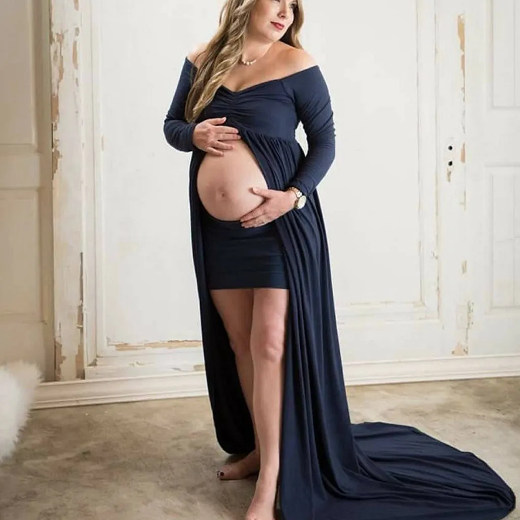 Maternity Evening Dresses Women Mommy＆Me Pregnants Sexy Photography Props Off Shoulders Nursing Dress Family Vestido Embaraza@35