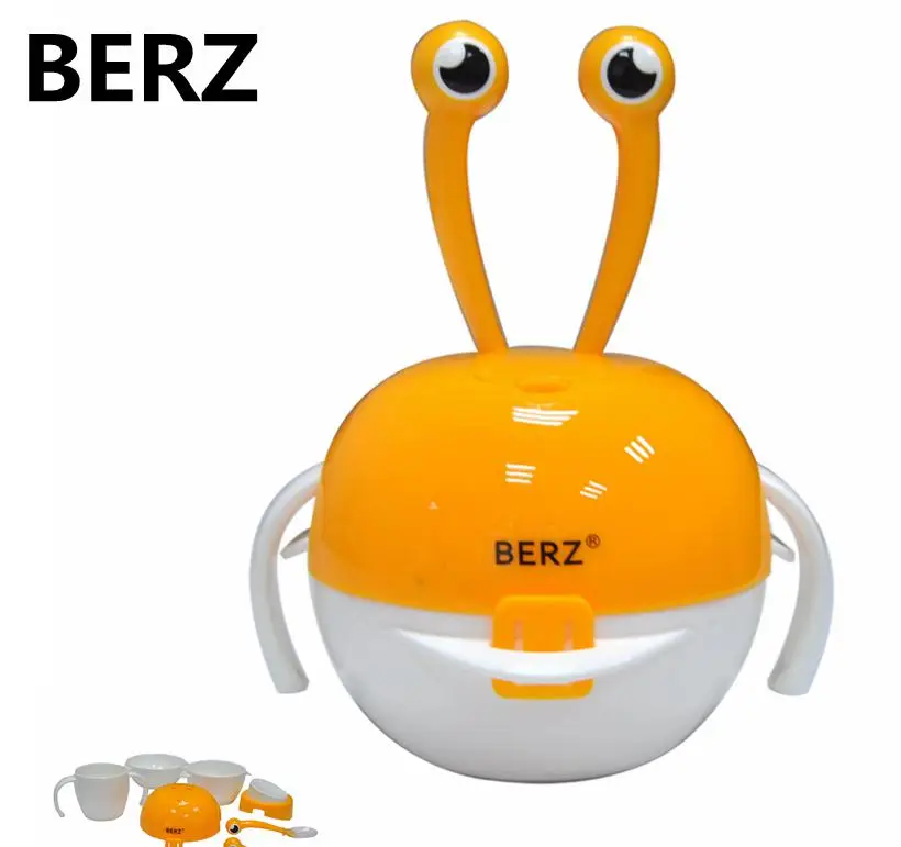 BERZ 5 в 1 Детская миска, ложка, набор посуды для младенцев, набор столовых приборов, выдерживает падение температуры, чувствительные продукты для кормления детей - Цвет: Оранжевый